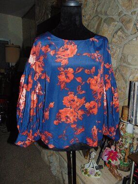 Anthropologie ODILLE Silk Top Blue Brown Floral Balloon Sleeve Button Up Back